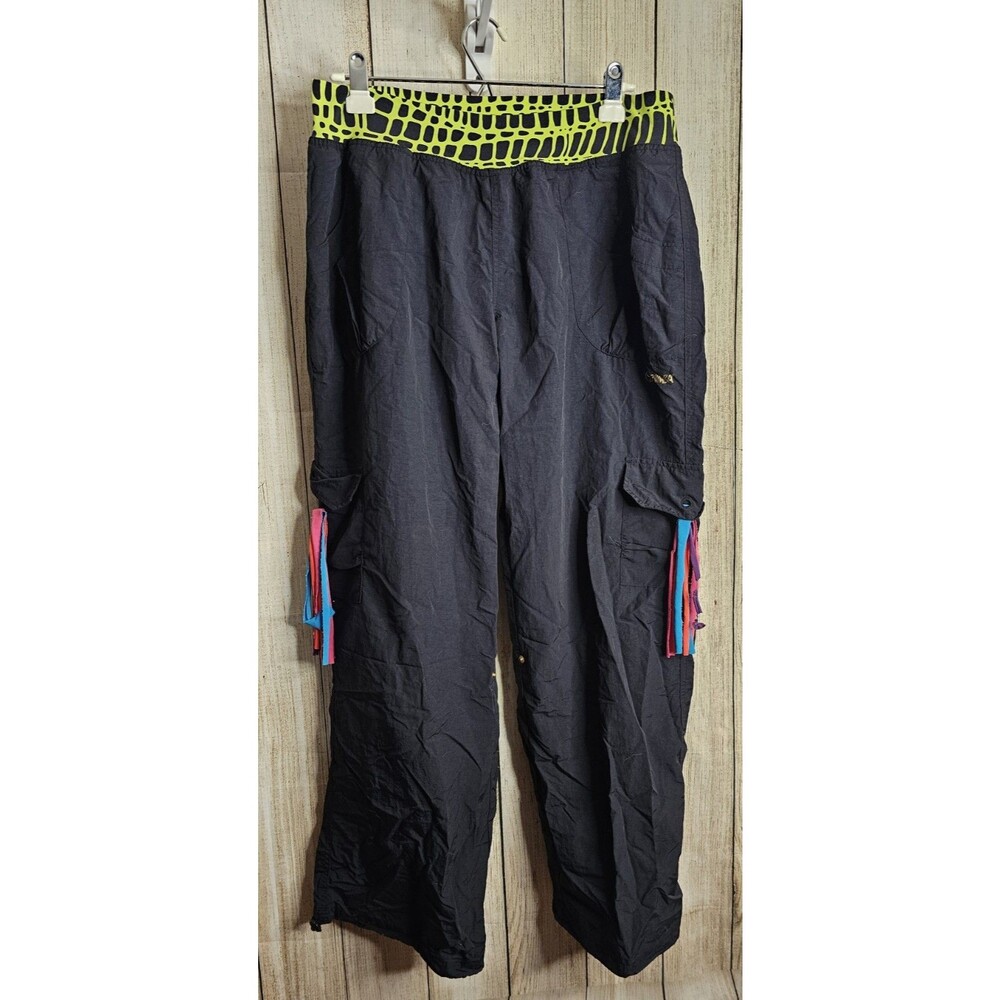 Zumba Wear Women’s XL Black Parachute Cargo Dance Pants Neon Waist Wide Leg